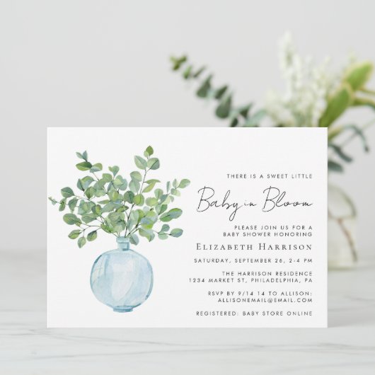 Baby in Bloom Sage Eucalyptus Waterverf Shower Kaart (Staand voorkant)