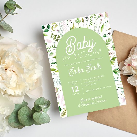 Baby in Bloom Sage Green Baby shower Invitation Kaart