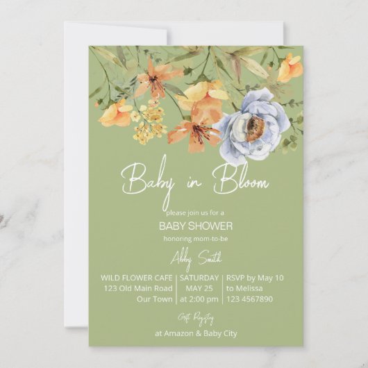Baby in bloom sage green baby shower  kaart (Voorkant)