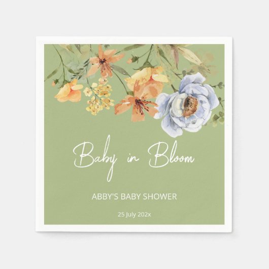 Baby in bloom sage green flowers baby shower servet (Voorkant)