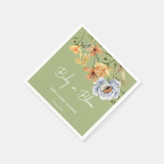 Baby in bloom sage green flowers baby shower servet (Hoek)