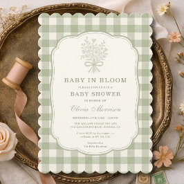 Baby in Bloom Sage Green Gingham Baby Shower Kaart