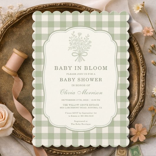 Baby in Bloom Sage Green Gingham Baby Shower Kaart