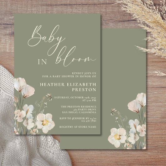Baby in Bloom Sage Green Wildflower Baby shower Kaart