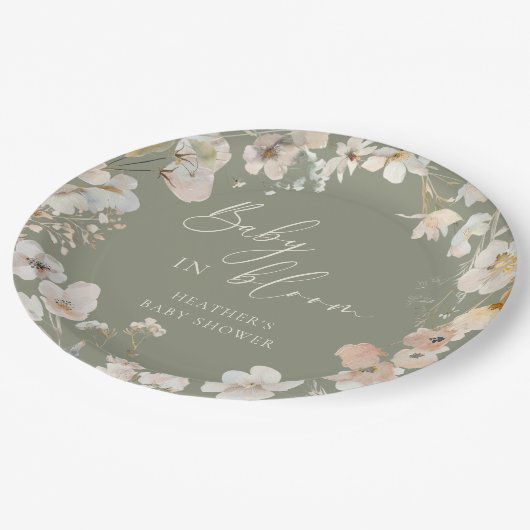 Baby in Bloom Sage Green Wildflower Baby shower Papieren Bordje (Gekanteld)