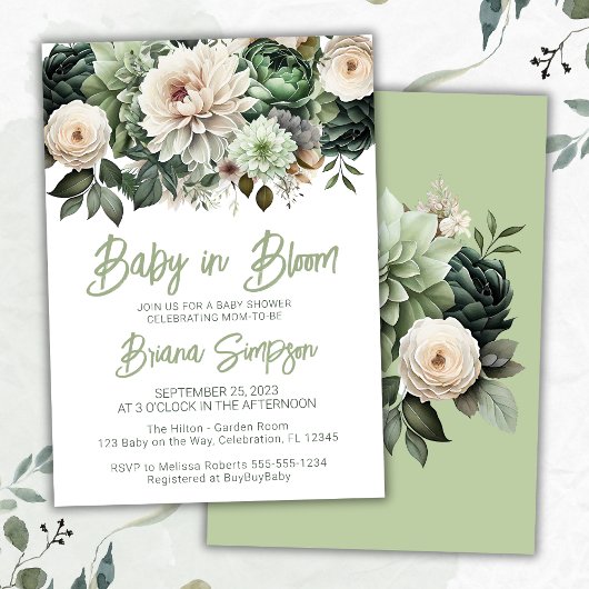 Baby in Bloom Sage Groen Bloemen Baby shower Kaart
