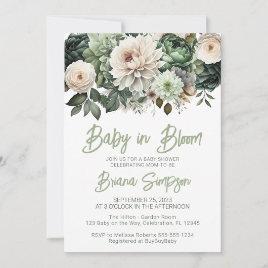 Baby in Bloom Sage Groen Bloemen Baby shower Kaart (Voorkant)