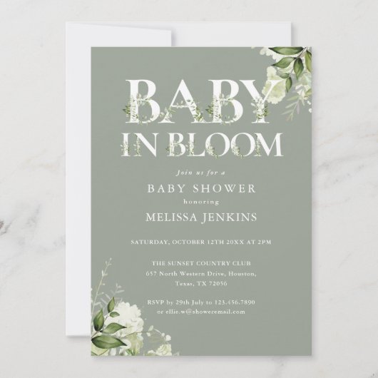 Baby In Bloom Sage Groene All In One Baby Shower Kaart (Voorkant)