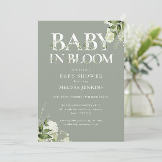 Baby In Bloom Sage Groene All In One Baby Shower Kaart (Staand voorkant)