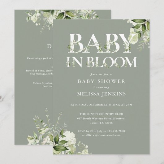 Baby In Bloom Sage Groene All In One Baby Shower Kaart (Voorkant / Achterkant)