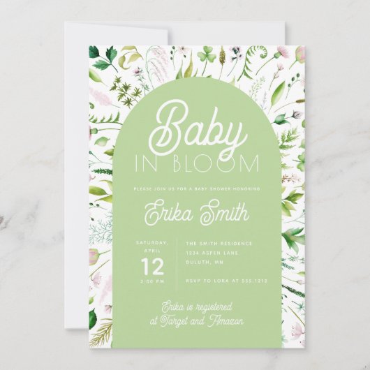 Baby in Bloom Saliegroene babyshower uitnodiging (Voorkant)