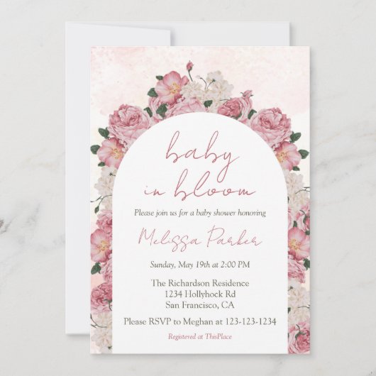 Baby in Bloom Script Roze Bloemen Baby shower Kaart (Voorkant)