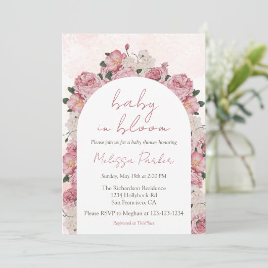 Baby in Bloom Script Roze Bloemen Baby shower Kaart (Staand voorkant)