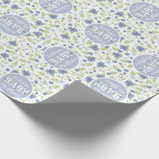 Baby in Bloom Shower Blue  Flowers Boy Cadeaupapier (Hoek)