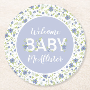 Baby in Bloom Shower Blue  Flowers Boy Ronde Kartonnen Onderzetter