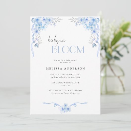 Baby in Bloom Silverblue Floral Baby shower Kaart (Staand voorkant)