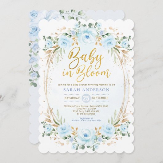 Baby in Bloom Soft Blue Gold Floral Boy Shower Kaart (Voorkant / Achterkant)