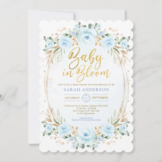 Baby in Bloom Soft Blue Gold Floral Boy Shower Kaart (Voorkant)