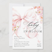 Baby In Bloom Soft Pink Bow Baby Shower Invitation Kaart (Voorkant)