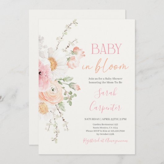 Baby in Bloom Spring Baby shower Meisje Uitnodigin Kaart (Voorkant / Achterkant)