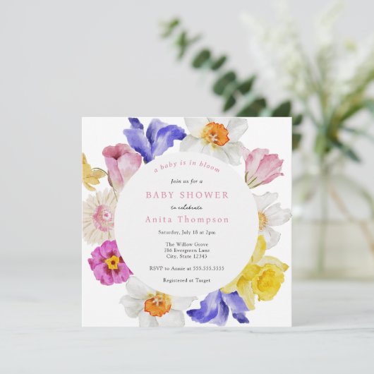 Baby in Bloom Spring Floral Baby shower Kaart (Staand voorkant)