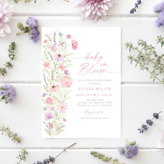 Baby in Bloom Spring Pink Wildflower Baby shower Kaart