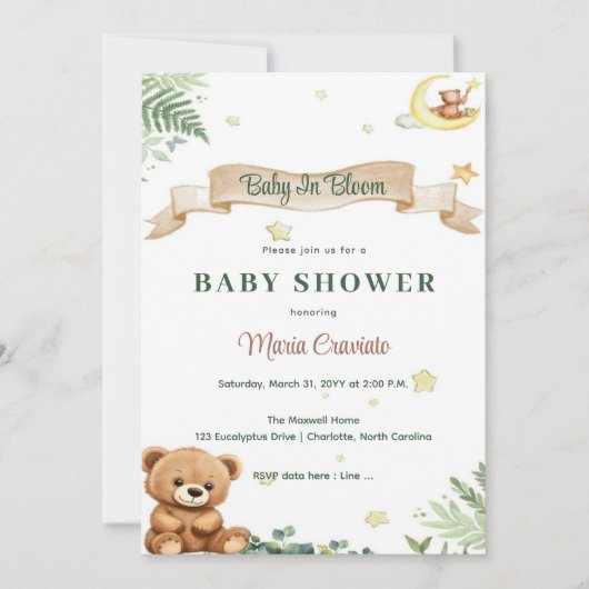 "Baby In Bloom" Teddybeer Babyshower Uitnodiging (Voorkant)