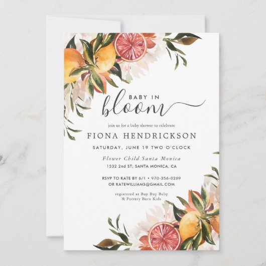 Baby in Bloom | Uitnodiging voor Citrus Baby showe (Voorkant)