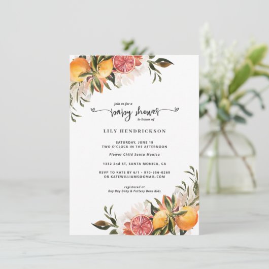 Baby in Bloom | Uitnodiging voor Citrus Baby showe (Staand voorkant)