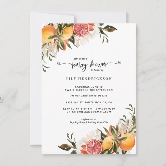 Baby in Bloom | Uitnodiging voor Citrus Baby showe (Voorkant)