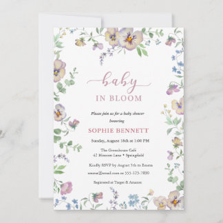 Baby in Bloom Watercolor  floral  Viola Invitation Kaart