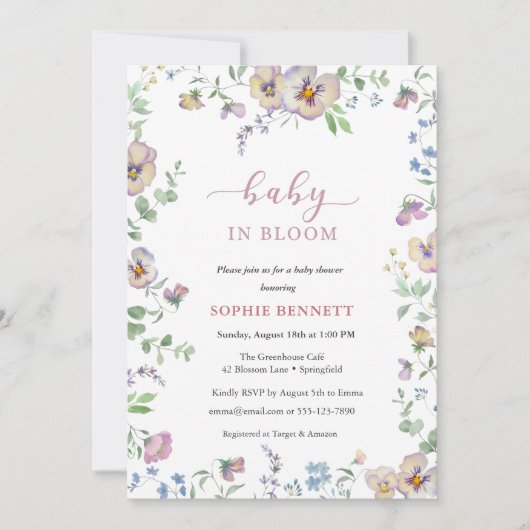 Baby in Bloom Watercolor  floral  Viola Invitation Kaart (Voorkant)
