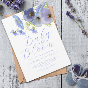 Baby In Bloom Waterverf Blauwe Bloem Uitnodiging
