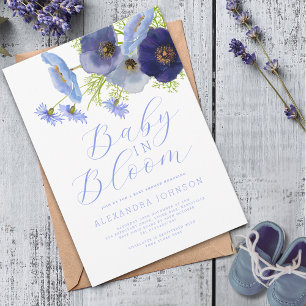 Baby In Bloom Waterverf Blauwe Bloem Uitnodiging