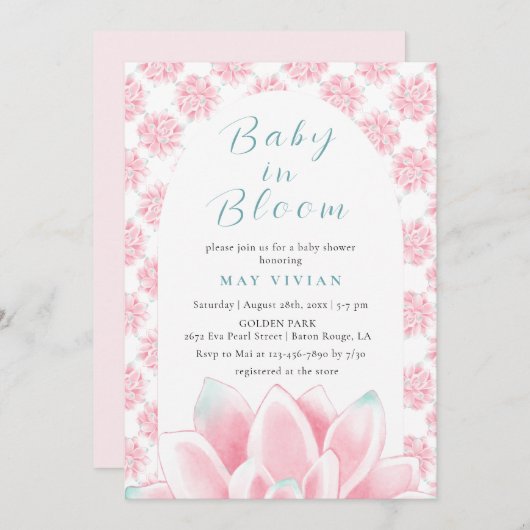 Baby in Bloom Waterverf Bloemen Lotus Roze Douche Kaart (Voorkant / Achterkant)