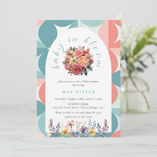 Baby in Bloom Waterverf Bloemen Tegel Blauw Douche Kaart (Staand voorkant)