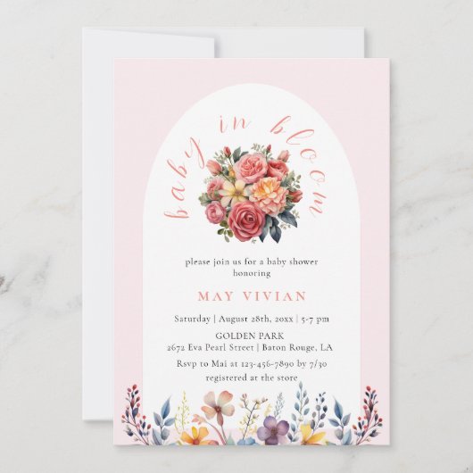 Baby in Bloom Waterverf Bloemen Tegel Roze Douche Kaart (Voorkant)