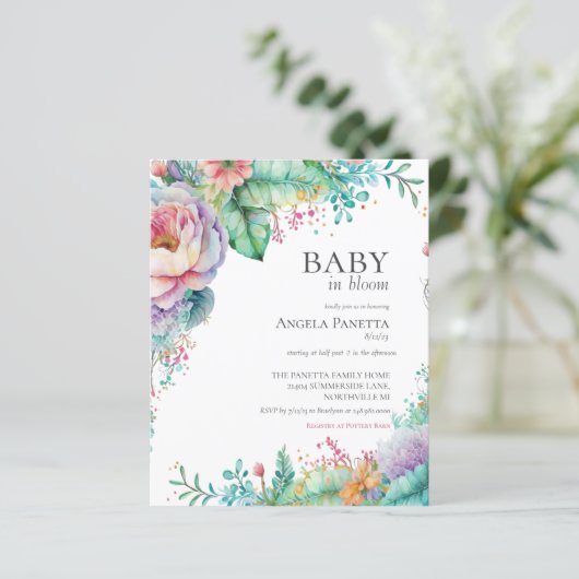 Baby in Bloom Waterverf Bloemendouche Uitnodiginge (Staand voorkant)