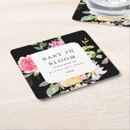 Baby in Bloom Waterverf Floral Baby shower Black Kartonnen Onderzetters