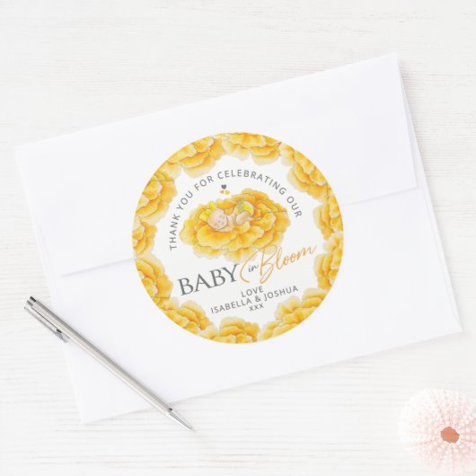 Baby in Bloom waterverf geel baby shower gunst Ronde Sticker (Envelop)