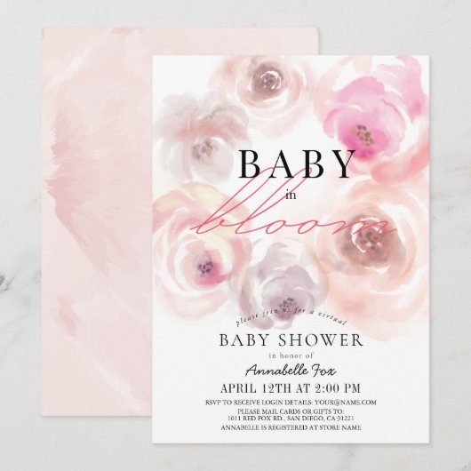 Baby in Bloom Waterverf Roos Virtual Baby shower Kaart (Voorkant / Achterkant)