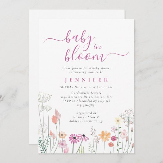 Baby in Bloom Waterverf Wildbloem Baby shower Kaart (Voorkant / Achterkant)