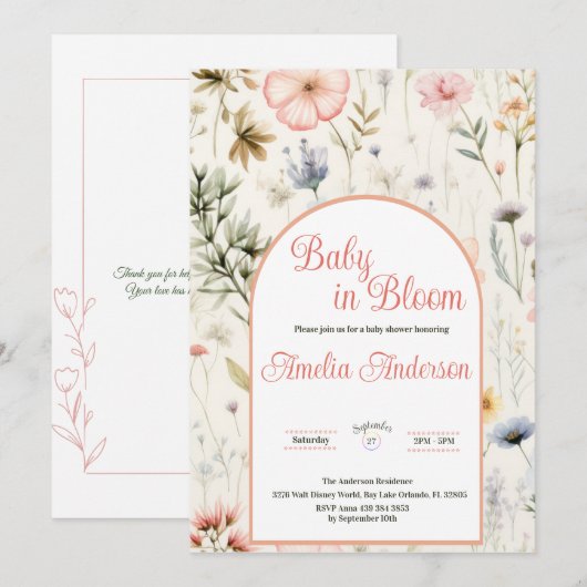 Baby in Bloom Waterverf Wildflower Bloemendouche Kaart (Voorkant / Achterkant)