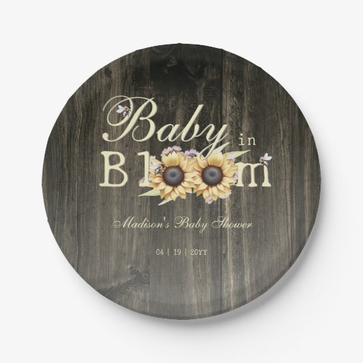 Baby in Bloom Waterverf Zonnebloemen Baby shower Papieren Bordje (Voorkant)