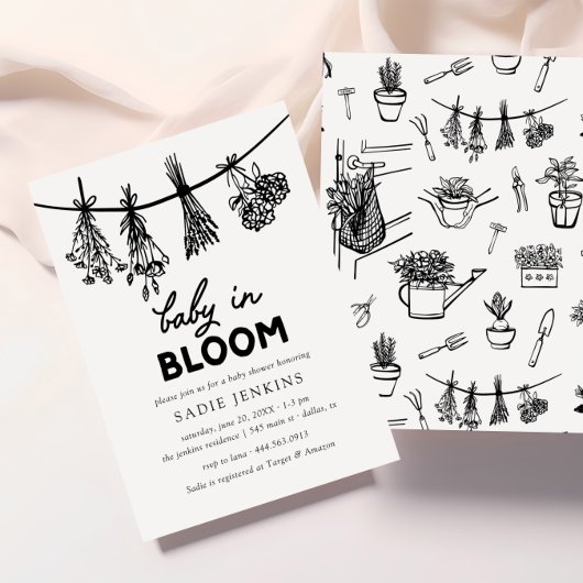 Baby in Bloom Whimsical Zwart-wit Baby shower Kaart