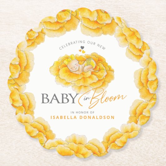 Baby in Bloom whimsy waterverf geel baby shower Kartonnen Onderzetters (Voorkant)