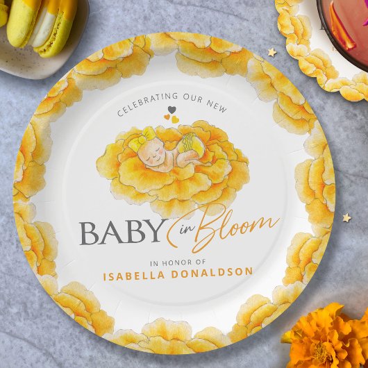 Baby in Bloom whimsy waterverf geel baby shower Papieren Bordje