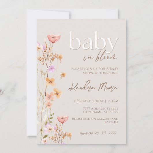 Baby In Bloom Wild Flower Baby shower Invitation Kaart (Voorkant)
