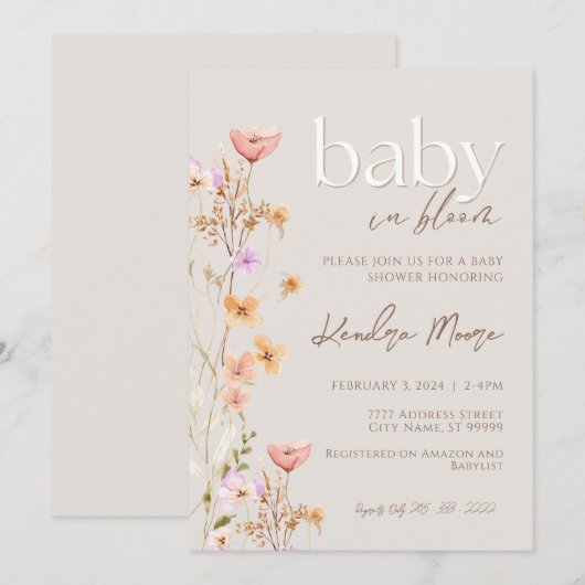 Baby In Bloom Wild Flower Baby shower Invitation Kaart (Voorkant / Achterkant)