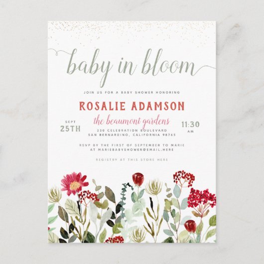 Baby in Bloom | Wilde bloem en groen Baby shower Briefkaart (Voorkant)